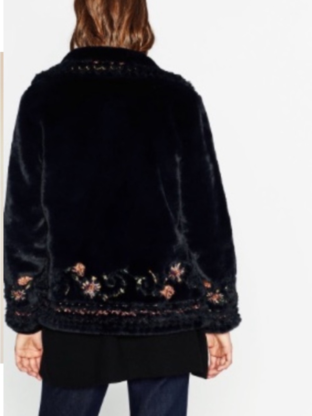 Zara Midnight Navy Embroidered Floral Plush Coat Boho Folk Romantic Faux Fur - Picture 6 of 14